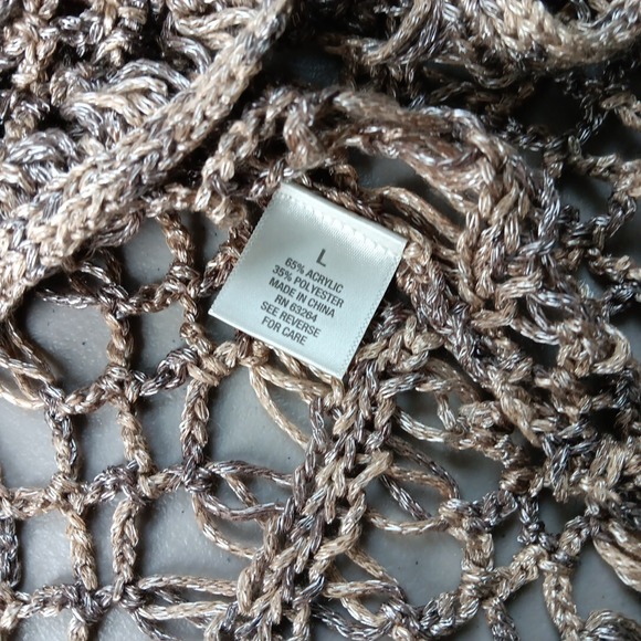 Dress Barn Croched Open Knit Sweater Tunic Womens Large Beige‎ Sheen Boho Travel - Picture 11 of 12